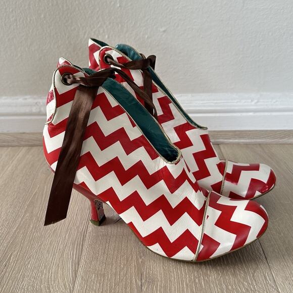 Irregular Choice Shoes - Vintage Irregular Choice Can Can Red White Boots Leather Booties Tie Zigzag